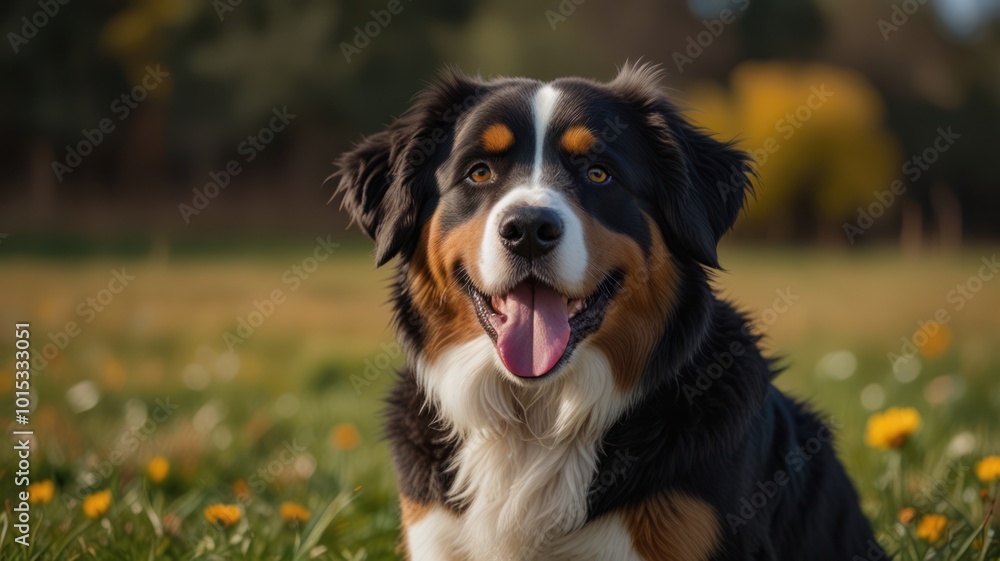 A happy Bernese Mountain Dog with a bright, playful expression, sitting in a field of yellow dandelions. A happy Bernese Mountain Dog with a bright, playful expression, sitting in a field of yellow dandelions.