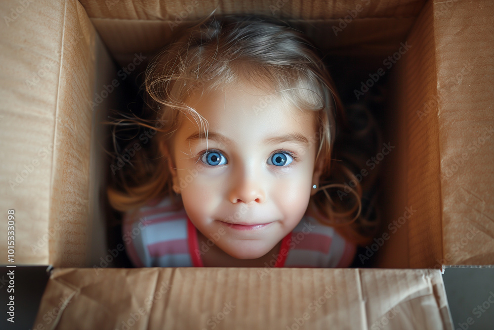 Adorable child peeking out through cardboard boxes. Hide and seak an unexpected gift. High quality photo Adorable child peeking out through cardboard boxes. Hide and seak an unexpected gift. High quality photo