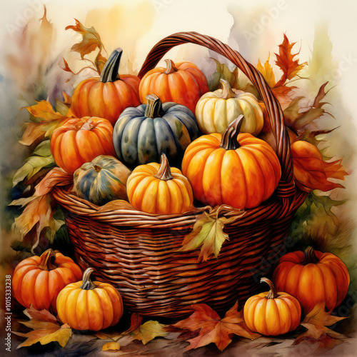 A basket full of pumpkins. Thanksgiving day, abundance, harvest concept.