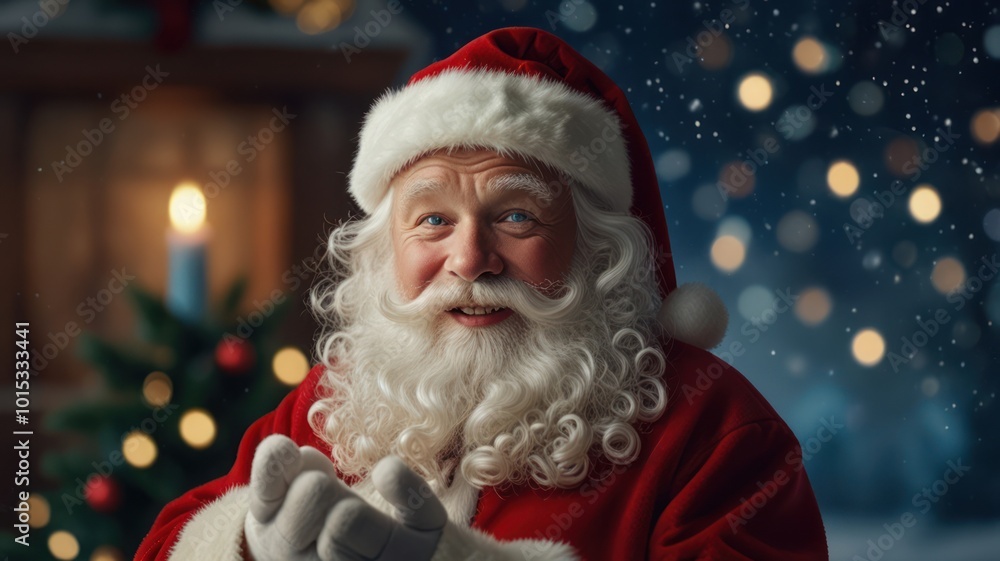 Santa Claus smiling and looking at the camera, with a snowy background. Santa Claus smiling and looking at the camera, with a snowy background.