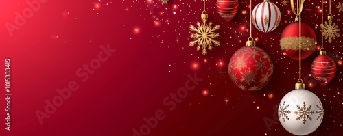 Christmas red banner background with glossy balls and snowflakes hanging on ribbon. Merry christmas greeting card. Luxury and elegant xmas holiday design. , Generative AI