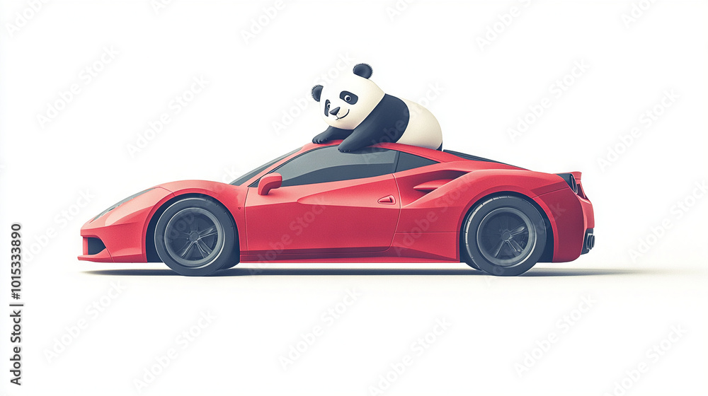 A 3D rendering of a red sports car with a panda bear on its roof A 3D rendering of a red sports car with a panda bear on its roof
