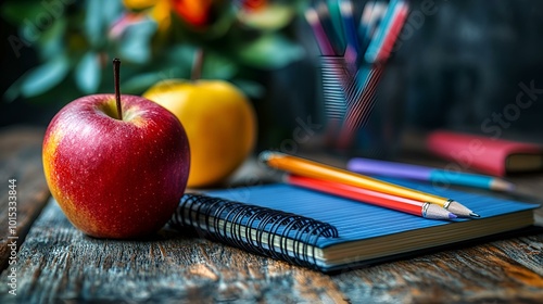 A Notebook and an Apple on a Table