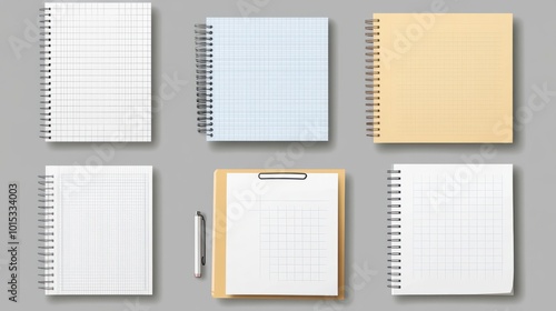 The notebook sheets set is a set of lined, checkered, and dotted pages that can be used for memo pads and a daily planner template notepad with a binder iron spiral isolated on gray background. The photo