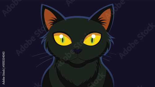 A cartoon-style black cat with striking green eyes standing on a dark green background, showcasing its playful and mysterious nature during a whimsical illustration