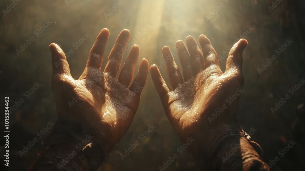 Two hands reaching upwards towards the sunlight Two hands reaching upwards towards the sunlight