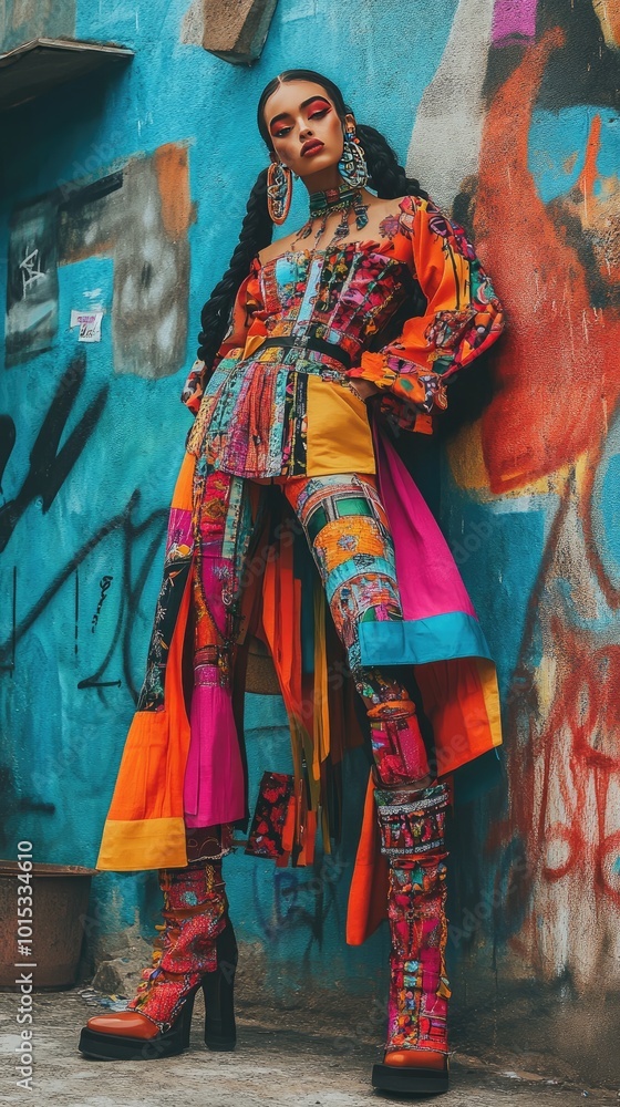 Fototapeta premium Vibrant Street Fashion Photoshoot with Colorful Urban Graffiti Background
