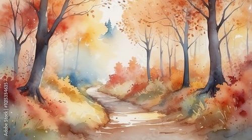 Watercolor autumn forest path with colorful leaves and trees on a soft background