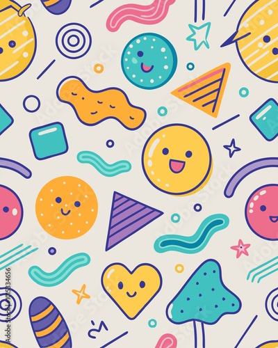 seamless pattern with cream. Fun colorful line doodle seamless pattern. Creative minimalist style art background for children or trendy design with basic shapes. Simple childish scribble backdrop.