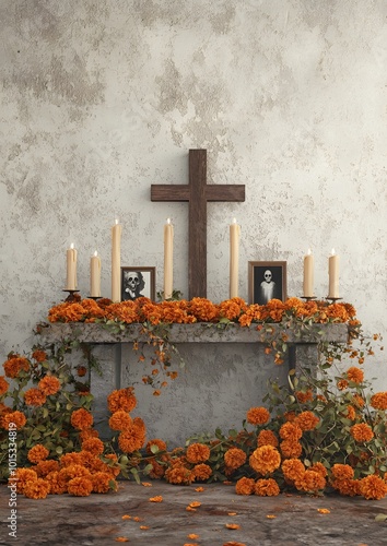 Dia de los Muertos Altar:  A somber yet beautiful Day of the Dead altar, adorned with marigolds, candles, and cherished photos, set against a rustic stone backdrop. A poignant tribute to remembrance.