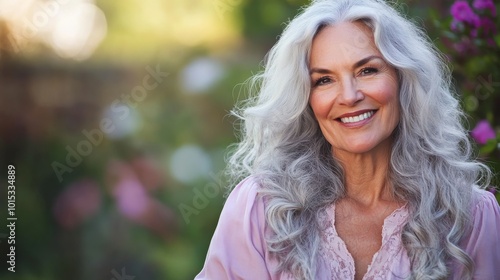 A mature woman stands outside, her wavy silver hair catching the soft sunlight. She wears a pastel blouse and smiles warmly, surrounded by blooming flowers in a cheerful garden