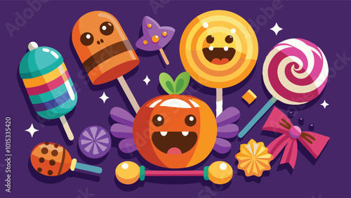 Fun Halloween-themed candies and treats featuring colorful lollipops, a smiling pumpkin, and playful characters on a vibrant background