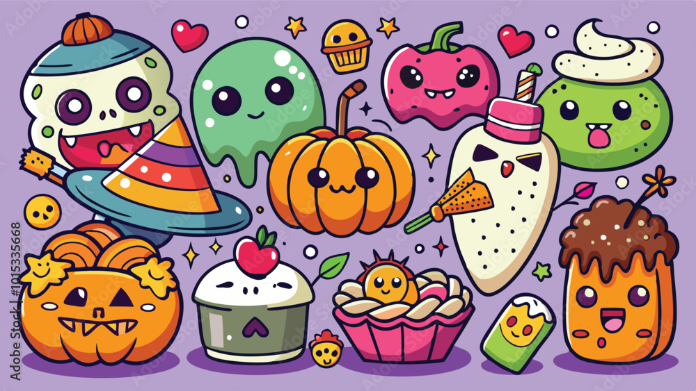 A festive collection of cute cartoon characters featuring pumpkins, ghosts, and treats set against a cheerful green background during the autumn season A festive collection of cute cartoon characters featuring pumpkins, ghosts, and treats set against a cheerful green background during the autumn season
