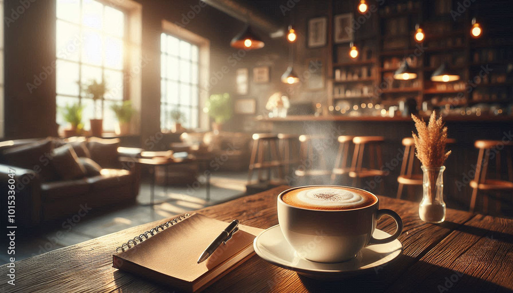 A steaming cup of coffee on a wooden table with a notebook, set in a warm and inviting café atmosphere. A steaming cup of coffee on a wooden table with a notebook, set in a warm and inviting café atmosphere.