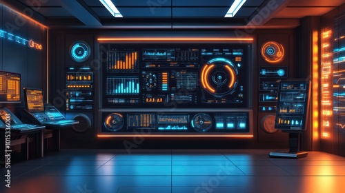 A digital illustration of a minimalist futuristic control room with digital information dashboards and monitoring systems