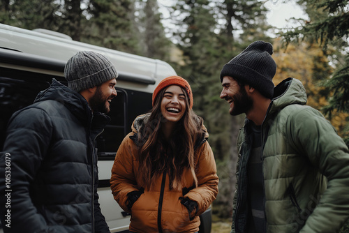 Wallpaper Mural Friends enjoy a cheerful moment together in a forest campsite during autumn, surrounded by colorful trees and a camper van Torontodigital.ca
