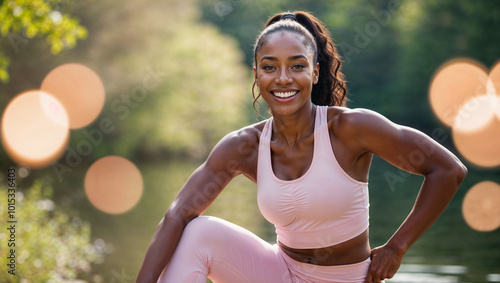 Bellissima donna di origini africane con abbigliamento sportivo rosa per il fitness sorride mentre fa jogging in mezzo ad un parco nella natura photo