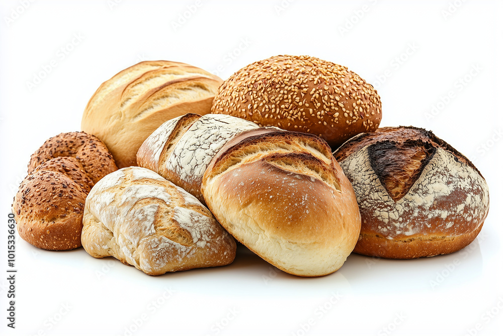 Various king of bread isolated on the white background. Front view. Various king of bread isolated on the white background. Front view.