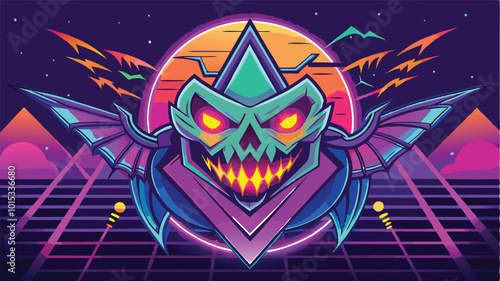 A vibrant, retro-inspired illustration featuring a skull with glowing eyes, bats, and spooky elements against a neon backdrop, evoking a Halloween atmosphere