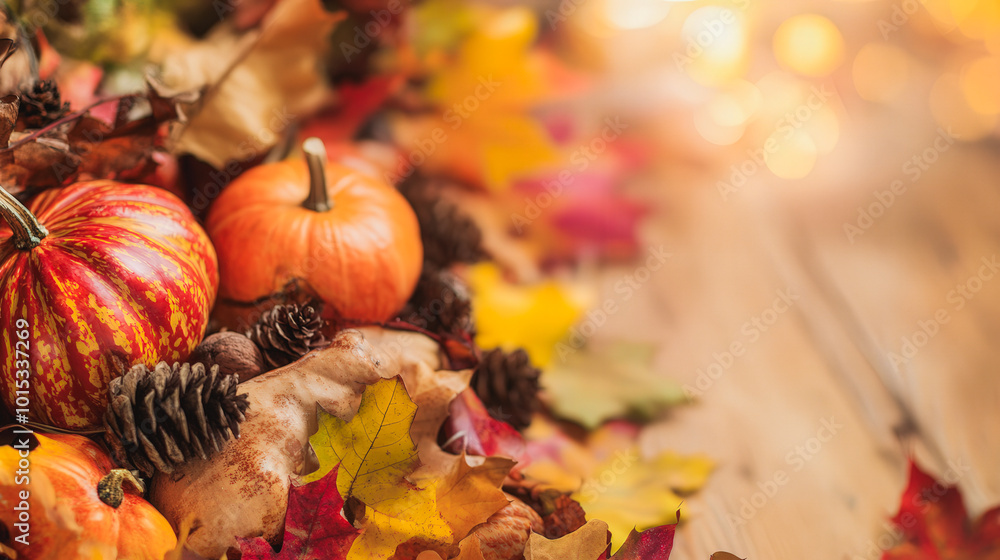 A table covered in autumn leaves and pumpkins A table covered in autumn leaves and pumpkins