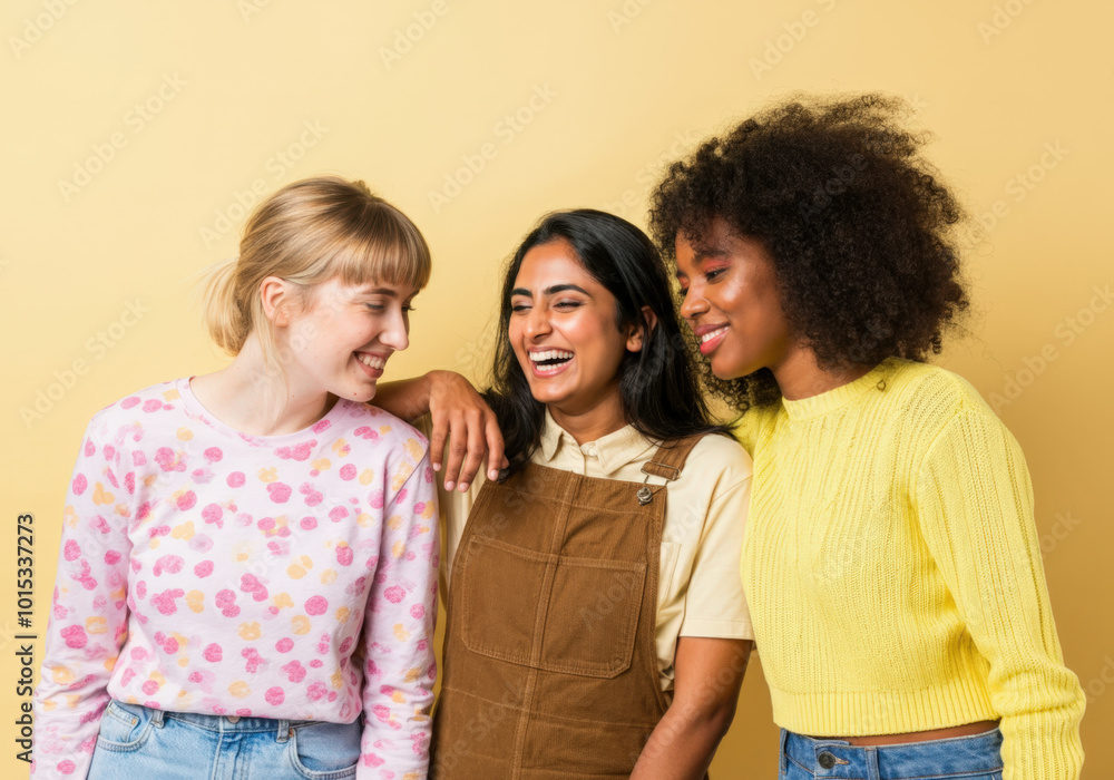 Three young women with different skin tones and hair styles are laughing and having fun together Three young women with different skin tones and hair styles are laughing and having fun together