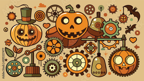 A vibrant Halloween-themed illustration featuring a pumpkin, bat, skull, and assorted gears against an orange background in a whimsical steampunk style