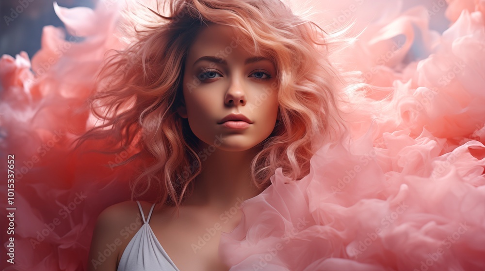 Dreamlike double exposure portrait with pink hair. Dreamlike double exposure portrait with pink hair.
