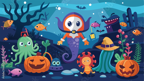 A vibrant underwater scene featuring a cheerful mermaid in a pirate hat surrounded by colorful fish and playful characters enjoying Halloween in a coral reef