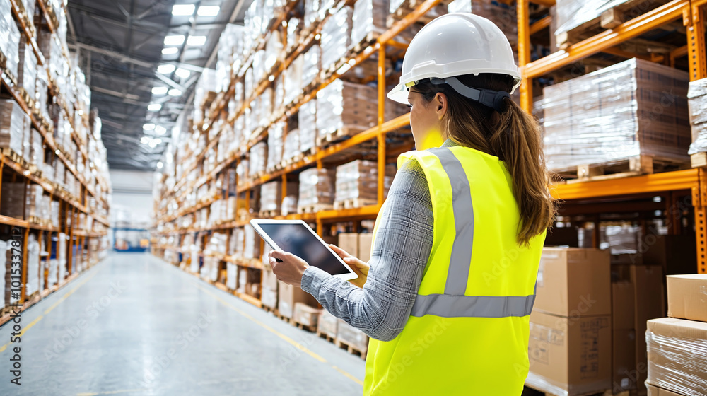 a woman in a high-visibility vest and hard hat using a tablet to manage inventory in a vast warehouse filled with shelves and packages a woman in a high-visibility vest and hard hat using a tablet to manage inventory in a vast warehouse filled with shelves and packages