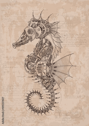 Sea horse with a metal body on mechanical control in steampunk style. Poster on old on beige background