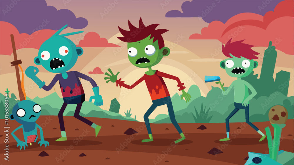 Fototapeta premium A group of animated monsters engages in a comical battle on a spooky landscape with green hues, eerie trees, and a full moon in the background during twilight hours