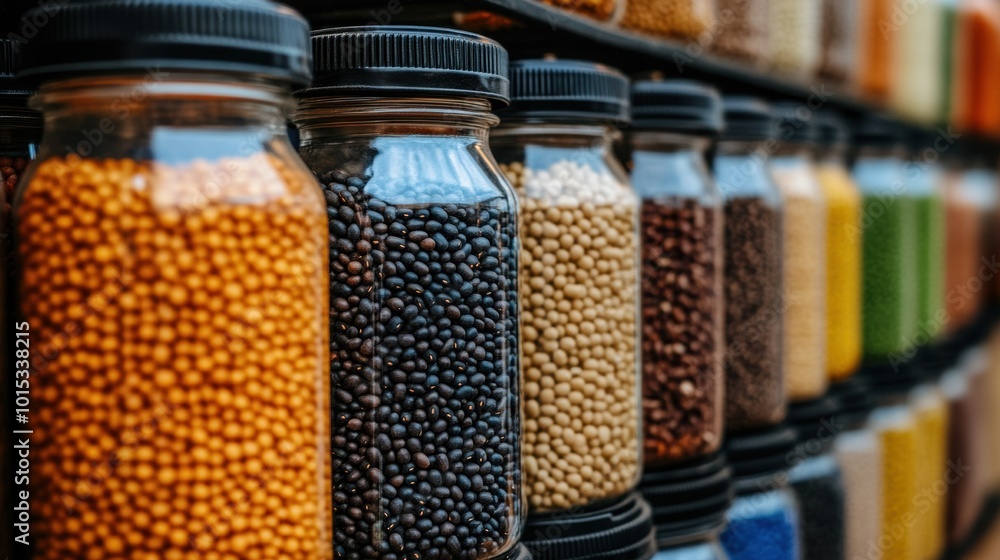 Jars of Colorful Legumes and Grains on Display, AI Jars of Colorful Legumes and Grains on Display, AI