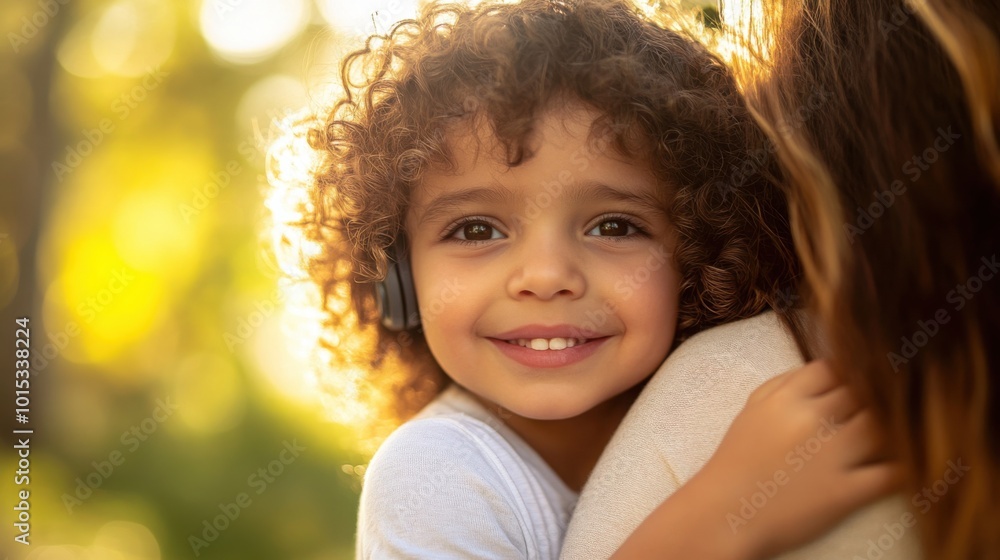 young child with a cochlear implant hugging a parent in a sunlit garden young child with a cochlear implant hugging a parent in a sunlit garden