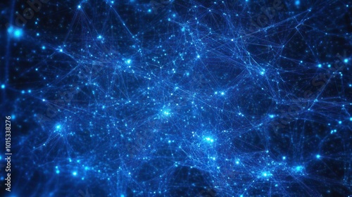 Blue abstract background with a network grid and particles connected.