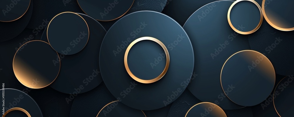 Abstract dark blue and gold circle shapes background with shiny gold lines element. Luxury and elegant geometric shapes texture with shadow. Modern horizontal template, Generative AI Abstract dark blue and gold circle shapes background with shiny gold lines element. Luxury and elegant geometric shapes texture with shadow. Modern horizontal template, Generative AI
