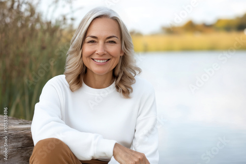 Happy mature woman wearing white blank sweatshirt sitting by lake or river in nature on beautiful sunny autumn day