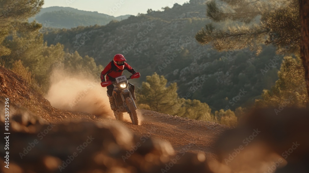 Obraz premium An off-road biker in a vibrant red helmet leans into a turn on a rugged trail, sending dust flying behind as they navigate rocky terrain surrounded by cliffs and sparse pine trees