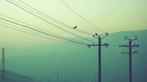 Tranquil Landscape with Birds on Powerlines