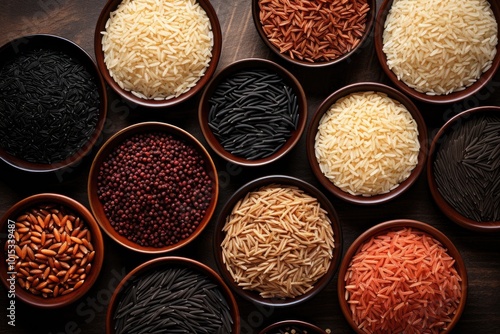 Assorted rice types and colors red black basmati whole grain long grain parboiled and arborio presented in overhead view bowls photo