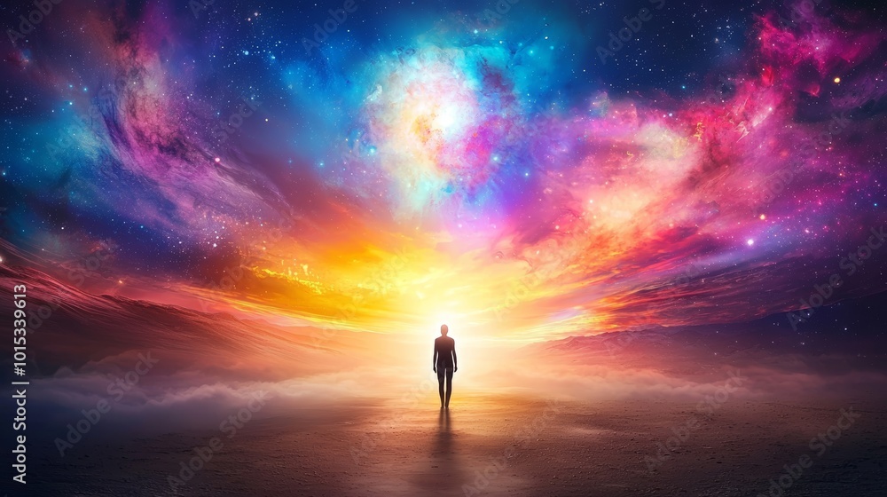 Fototapeta premium A silhouette stands against a vibrant cosmic backdrop of galaxies and colors