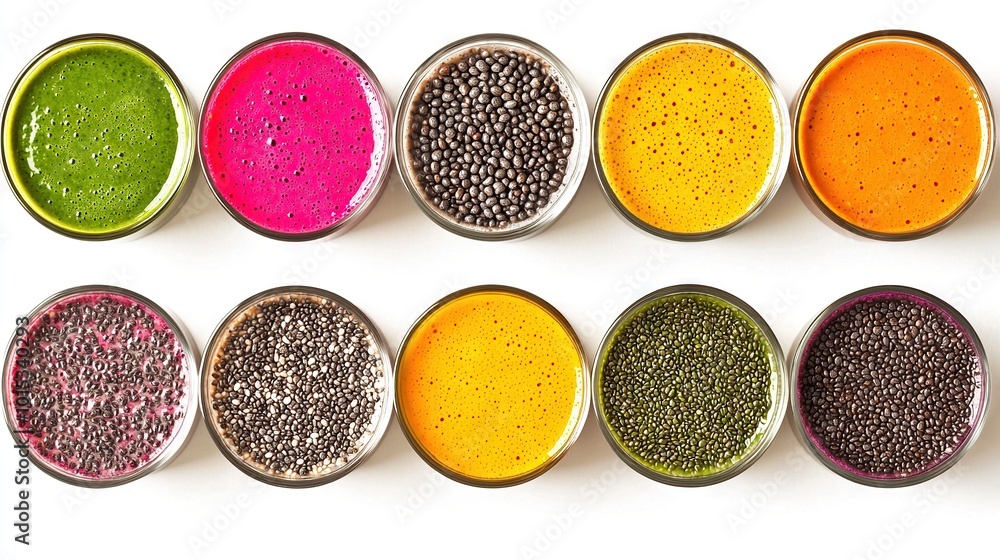A collection of six bowls holding diverse food and drinks in varying hues of the same color, including black, green, red, orange, yellow, pink, blue, A collection of six bowls holding diverse food and drinks in varying hues of the same color, including black, green, red, orange, yellow, pink, blue,