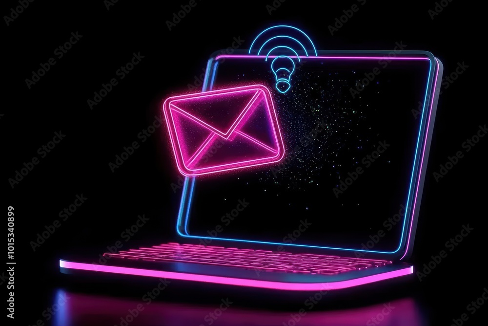 A neon styled laptop with an email icon and Wi-Fi symbol, set against a dark background, symbolizing digital communication. A neon styled laptop with an email icon and Wi-Fi symbol, set against a dark background, symbolizing digital communication.