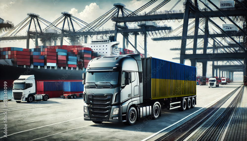 Fototapeta premium Modern freight truck with an Ukraine flag container at a busy port, surrounded by cargo ships and cranes. Ideal for showcasing global shipping, logistics, and transportation