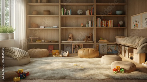Warm children's room with soft poufs, fluffy rug, and wooden shelves filled with books and toys, creating a cozy and minimalist atmosphere