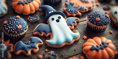 Festive Halloween ghost, bat, pumpkin cookies and cupcakes on wooden table, colorful celebration treats concept photo