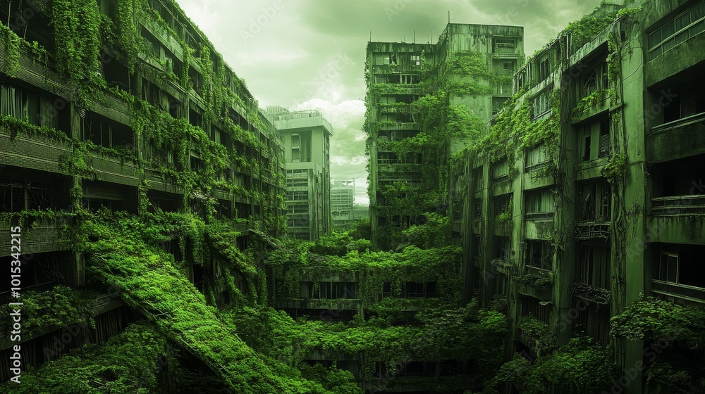 Abandoned futuristic city overgrown building composition background Abandoned futuristic city overgrown building composition background