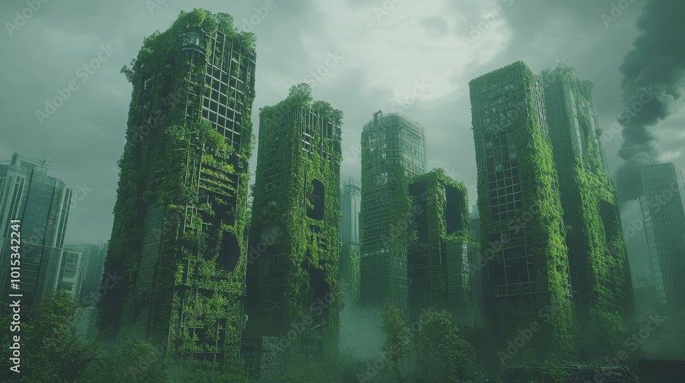 Abandoned futuristic city overgrown building composition background Abandoned futuristic city overgrown building composition background