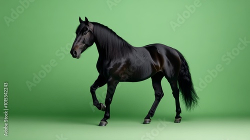 A powerful black horse is captured mid-gallop, showcasing its strength and grace with a flowing mane. The striking mint-green background enhances its dynamic motion