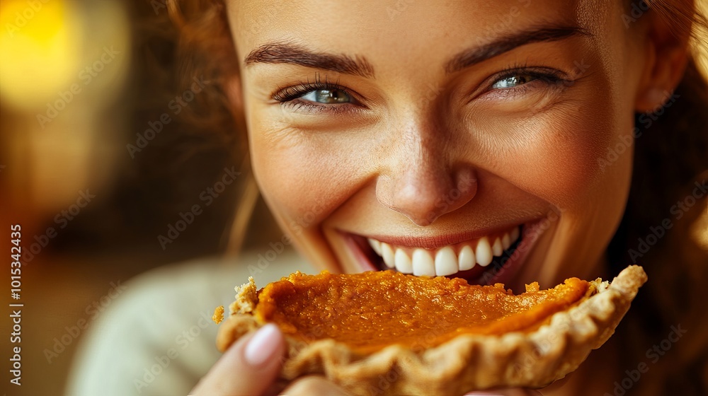A lady takes a bite of pumpkin pie and her joy reflects through her bright smile. A lady takes a bite of pumpkin pie and her joy reflects through her bright smile.