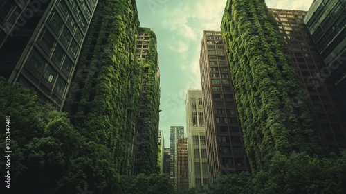 Abandoned futuristic city overgrown building composition background 